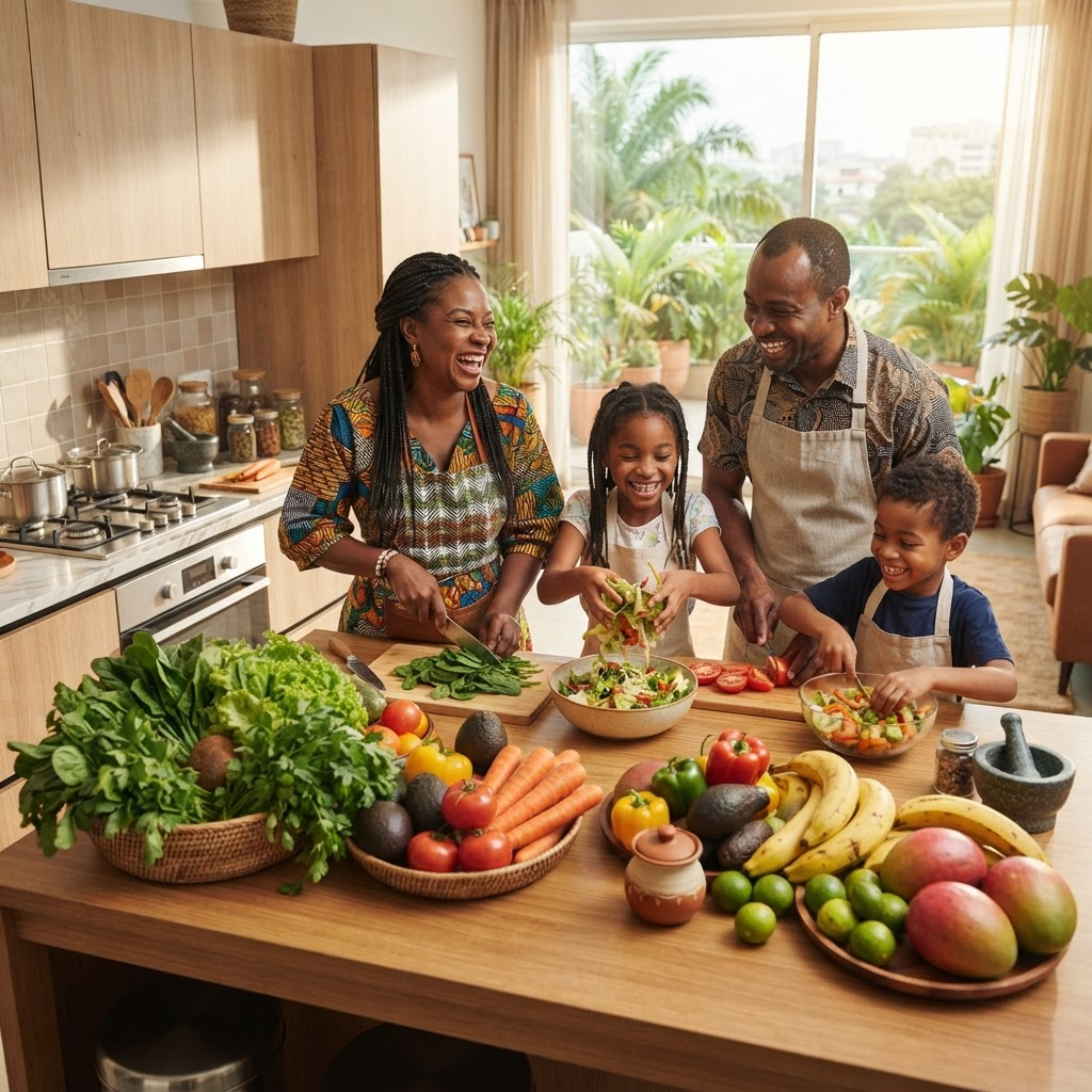 Famille en bonne santé préparant des aliments bio et naturels à Abidjan